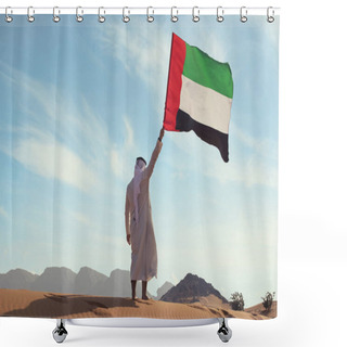 Personality  Proud Arabian Emirati Man Holding A UAE Flag In The Desert  Shower Curtains