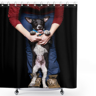 Personality  Cropped View Of Woman In Jeans With Dog In Collar On Hind Legs Isolated On Black Shower Curtains