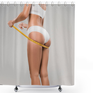 Personality  Cropped View Of Slim Woman In Underwear Holding Measuring Tape Under Buttocks Isolated On Grey Shower Curtains