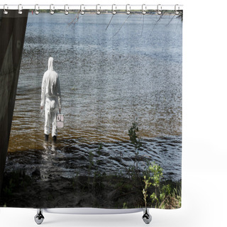 Personality  Back View Of Water Inspector In Protective Costume Holding Inspection Kit In River Shower Curtains
