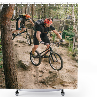 Personality  Extreme Young Trial Bikers Riding Downhill On Back Wheels At Beautiful Forest Shower Curtains