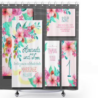 Personality  Beautiful Set Of Invitation Cards With Watercolor Flowers Elemen Shower Curtains