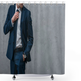 Personality  Cropped Shot Of Handsome Businessman In Stylish Suit In Front Of Concrete Wall Shower Curtains