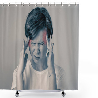 Personality  Close Up Portrait Of Beautiful Young Caucasian Woman In Pain With Headache Suffering Migraines Hands On Red Temples Eyes Closed In Facial Expressions Emotions And Health Concept Black And White Image. Shower Curtains