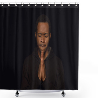 Personality  Close Up Portrait Of Young Man Isolated On Black Studio Background Shower Curtains