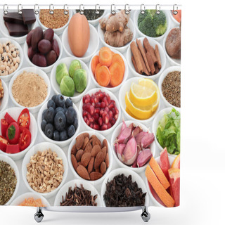 Personality  Super Food To Slow The Ageing Process Concept Including Fruit, Vegetables, Seeds, Nuts, Herbs, Spices, Green And Black Teas. Very High In Antioxidants, Anthocyanins, Dietary Fibre And Vitamins. Shower Curtains