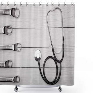 Personality  Medical Care And Car Repair Business Insurance. Wrenches And Stethoscope On A White Wooden Background. Shower Curtains