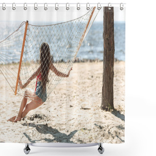 Personality  Back View Of Girl Sitting In Hammock On Beach And Looking At Sea Shower Curtains