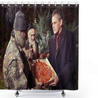Personality  Man In Suit Met Two Homeless Men In Winter Park And Ordering Pizza Shower Curtains