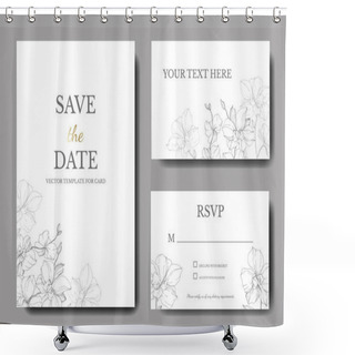 Personality  Vector Silver Orchids Isolated On White. Invitation Cards With Save The Date Lettering Shower Curtains