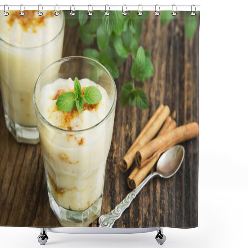 Personality  Rice Pudding With Cinnamon Powder And Mint Leaf In Cups Shower Curtains