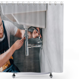 Personality  Partial View Of Male Plumber In Working Overall Fixing Sink In Bathroom  Shower Curtains