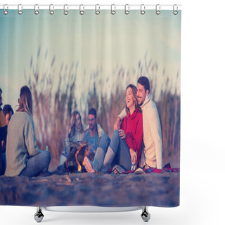 Personality  Young Couple Enjoying With Friends Around Campfire On The Beach At Sunset Drinking Beer Shower Curtains