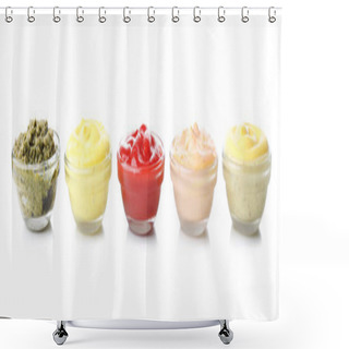 Personality  Different Tasty Sauces In Glass Bowls On White Background Shower Curtains