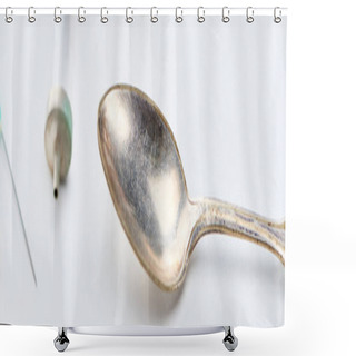 Personality  Close Up View Of Silver Spoon, Syringe And Needle On White Background, Panoramic Shot Shower Curtains