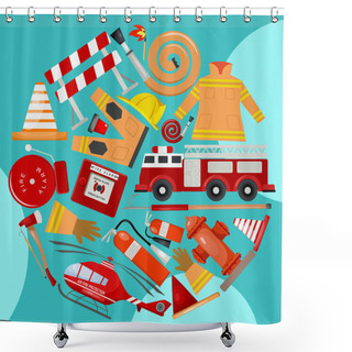 Personality  Fire Safety Round Pattern Vector Illustration. Firefighting Equipment And Tools Firehose Hydrant, Alarm, Bollard And Extinguisher. Fireman Uniform With Helmet And Gloves. Shower Curtains