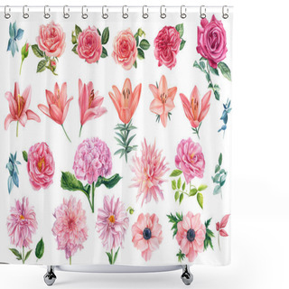 Personality  Beautiful Set Of Watercolor Flowers Roses, Leaves, Anemones, Hydrangeas And Dahlias Isolated Background. Shower Curtains