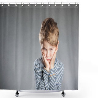 Personality  Portrait Of Boy, Emotion, Pouting, Grey Background Shower Curtains