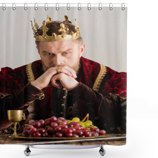 Personality  Thoughtful King With Crown Sitting At Table Isolated On Grey Shower Curtains