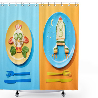 Personality  Top View Of Plates With Fancy Face And Rocket Made Of Food For Childrens Breakfast Near Cutlery On Blue And Orange Background Shower Curtains