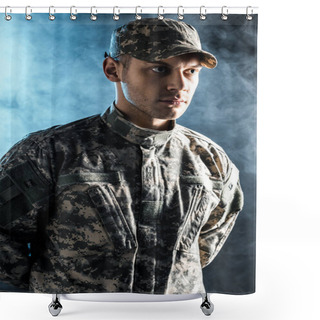 Personality  Confident Soldier In Military Cap And Uniform On Black With Smoke  Shower Curtains