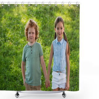Personality  Happy Brother And Sister Holding Hands And Looking At Camera Outdoors Shower Curtains
