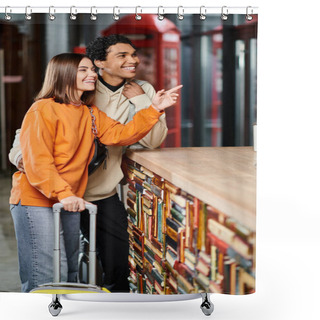 Personality  Happy Diverse Couple With Luggage Laughing, Woman Pointing With Finger At Hostel Reception Desk Shower Curtains