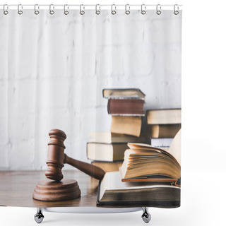 Personality  Opened Juridical Books With Gavel On Wooden Table, Law Concept Shower Curtains