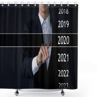 Personality  Businessman Selects 2020 Year In Virtual Menu, Search For Data, Business History Shower Curtains