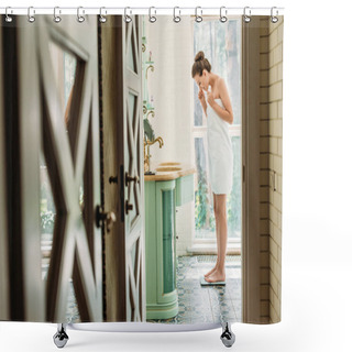 Personality  Side View Of Young Woman Standing On Digital Scales In Bathroom Shower Curtains
