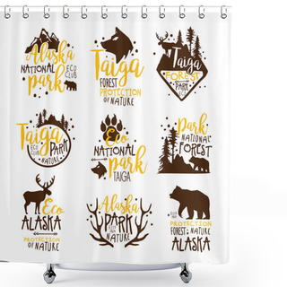 Personality  Alaska National Park Promo Signs Series Of Colorful Vector Design Templates With Wilderness Elements Silhouettes Shower Curtains