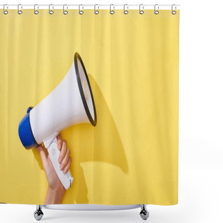 Personality  Cropped View Of Woman Holding Loudspeaker On Yellow Background  Shower Curtains