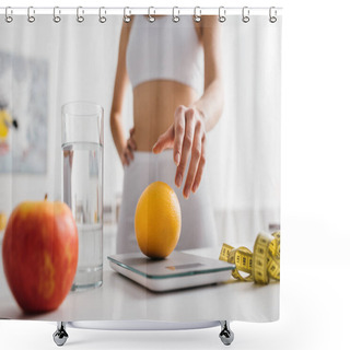Personality  Selective Focus Of Fit Sportswoman Putting Orange On Scales Near Water Glass And Measuring Tape On Kitchen Table, Calorie Counting Diet Shower Curtains
