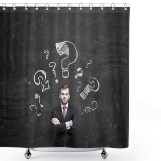 Personality  Handsome Young Businessman Is Standing Surrounded By Arrows In Different Direction. A Concept Of Decision Making Process. Chalk Wall Background. Shower Curtains