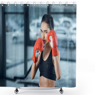Personality  Young Female Boxer In Gloves At Gym Looking At Camera Shower Curtains