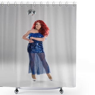 Personality  Overjoyed Drag Queen In Blue Dress Posing Near Disco Ball On Grey Background  Shower Curtains
