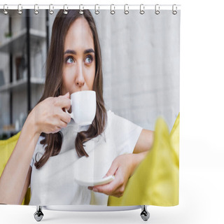 Personality  Beautiful Pensive Brunette Girl Drinking Coffee And Looking Away At Home Shower Curtains