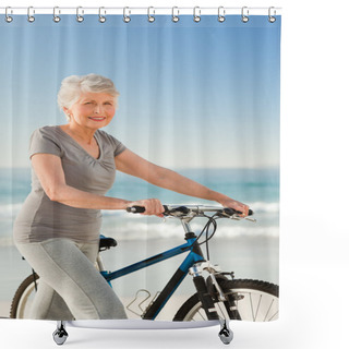 Personality  Senior Woman With Her Bike Shower Curtains