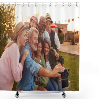 Personality  Mature Friends Sitting Around Fire At Outdoor Campsite Taking Selfie Shower Curtains