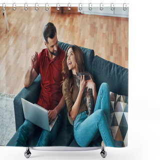 Personality  Top View Of Happy Young Couple In Casual Clothing Bonding With Domestic Cat And Smiling While Resting On The Sofa Indoors Shower Curtains