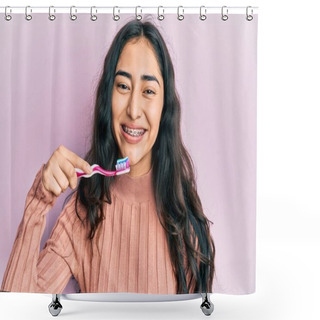 Personality  Hispanic Teenager Girl With Dental Braces Holding Mouthwash And Toothbrush For Fresh Breath Looking Positive And Happy Standing And Smiling With A Confident Smile Showing Teeth  Shower Curtains