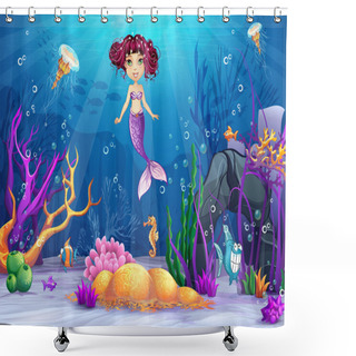 Personality  Underwater World With A Mermaid With Pink Hair Shower Curtains