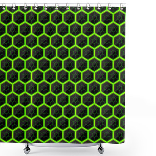Personality  Hexagons Of Black Stone With Green Streaks Of Energy. Seamless Vector Texture. Technology Seamless Pattern. Vector Geometric Dark Background. Shower Curtains