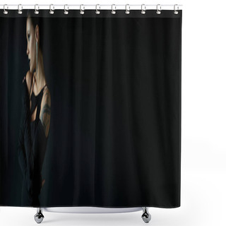 Personality  Sexy Tattooed Woman With Dark Makeup Posing In Sexy Halloween Dress On Black, Banner Shower Curtains