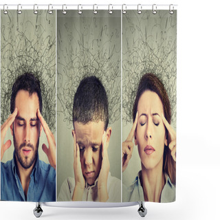 Personality  Sad Woman, Man And Child With Worried Stressed Face Expression And Brain Melting Into Lines Question Marks Shower Curtains