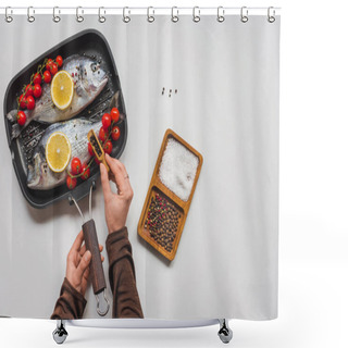 Personality  Partial View Of Woman Peppering Uncooked Fish And Ingredients In Tray Shower Curtains