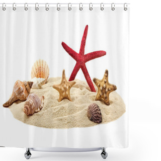 Personality  Seashells And Starfish On Pile Of Sand Shower Curtains