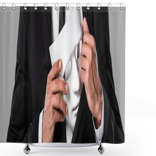 Personality  Cropped View Of Businessman In Black Suit Holding White Mask Isolated On Grey, Panoramic Shot Shower Curtains