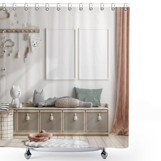 Personality  Mock Up Frame In Children Room With Natural Wooden Furniture, 3D Render Shower Curtains