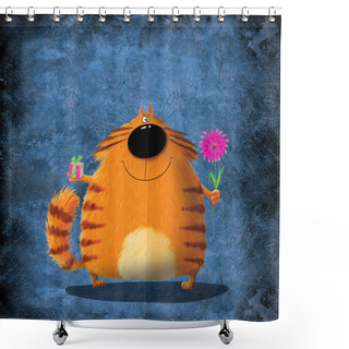 Personality  Yellow Cat With Present And Flower  Shower Curtains